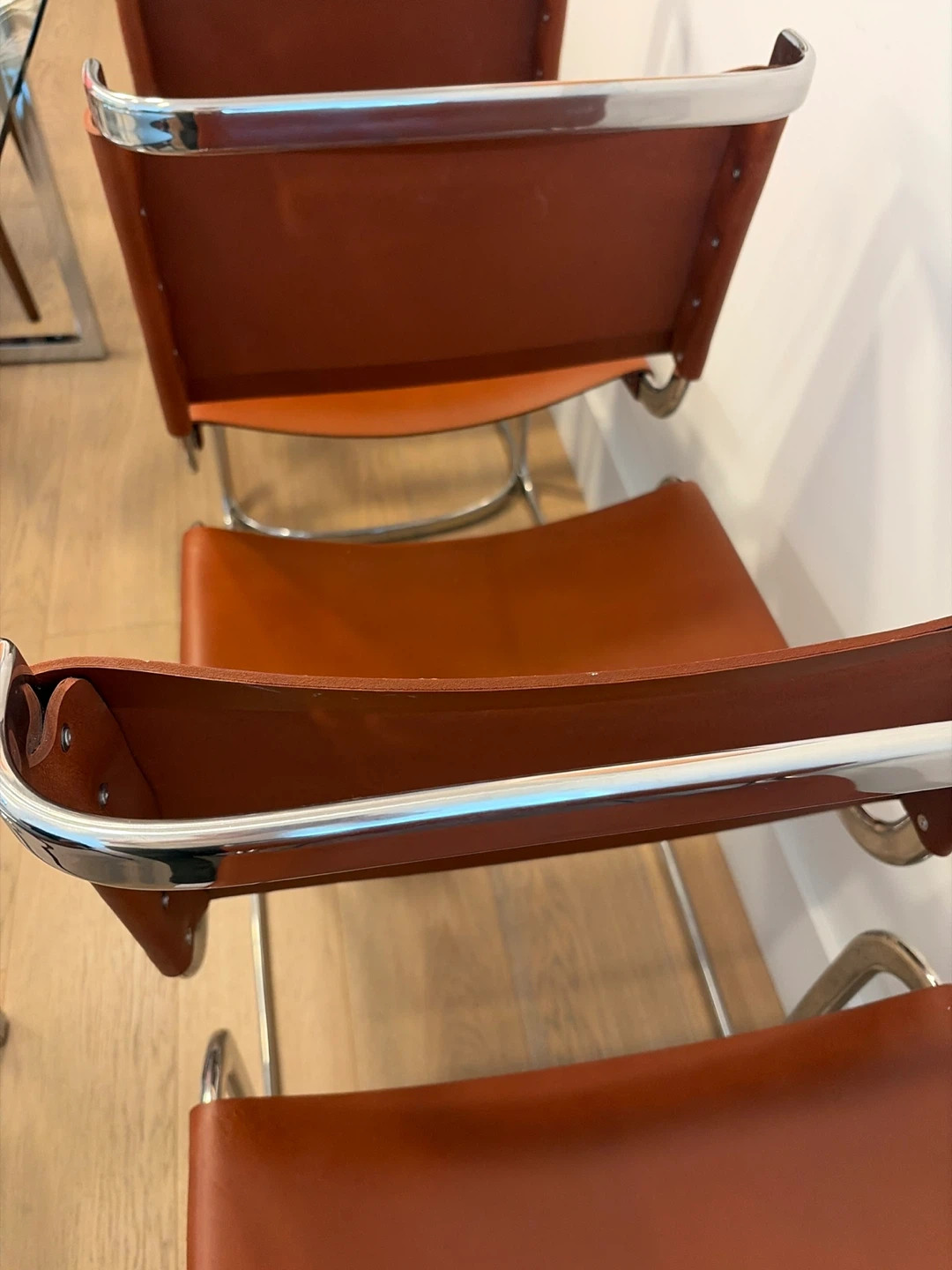 CB2 Tan Leather and Chrome Cantilever Dining Chairs (CB2) - photo 2