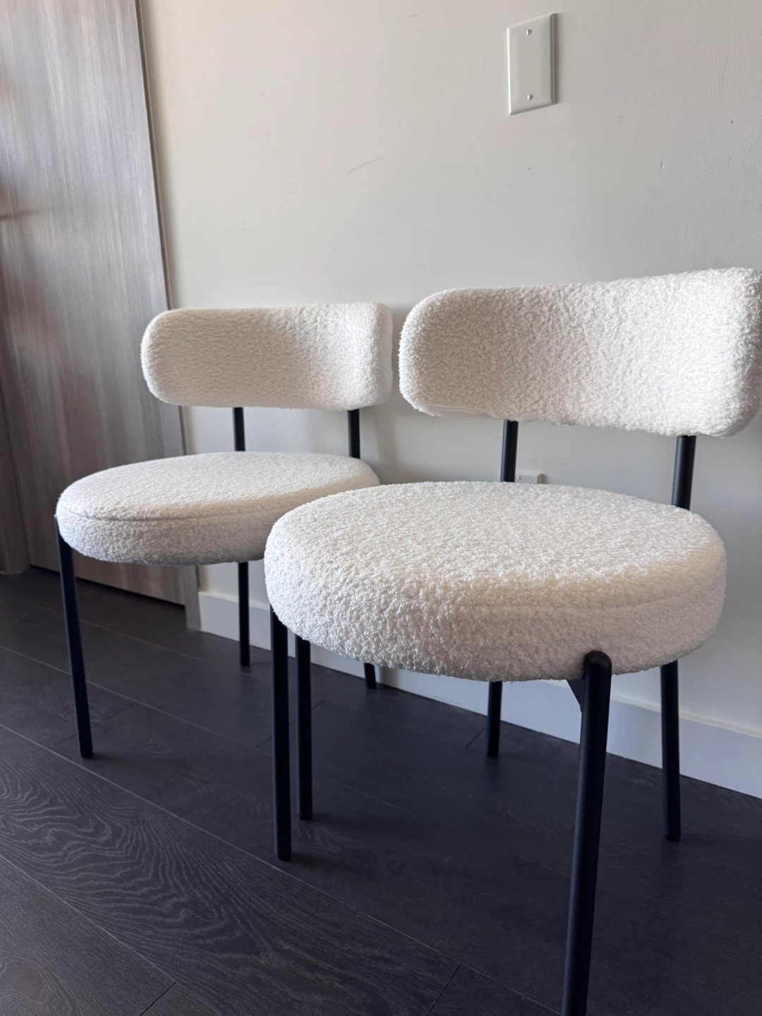 Pickup only, by CN Tower. Set of Two White Boucle Dining Chairs.