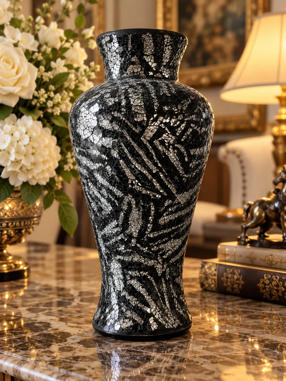 Black and silver mosaic glass vase