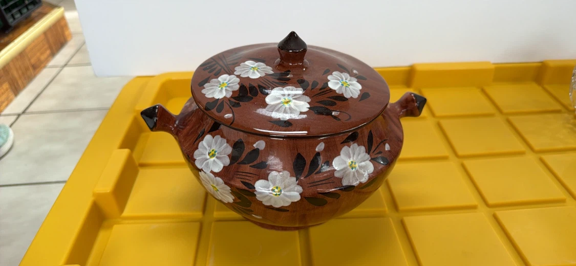 Hand Painted Floral Ceramic Casserole Pot