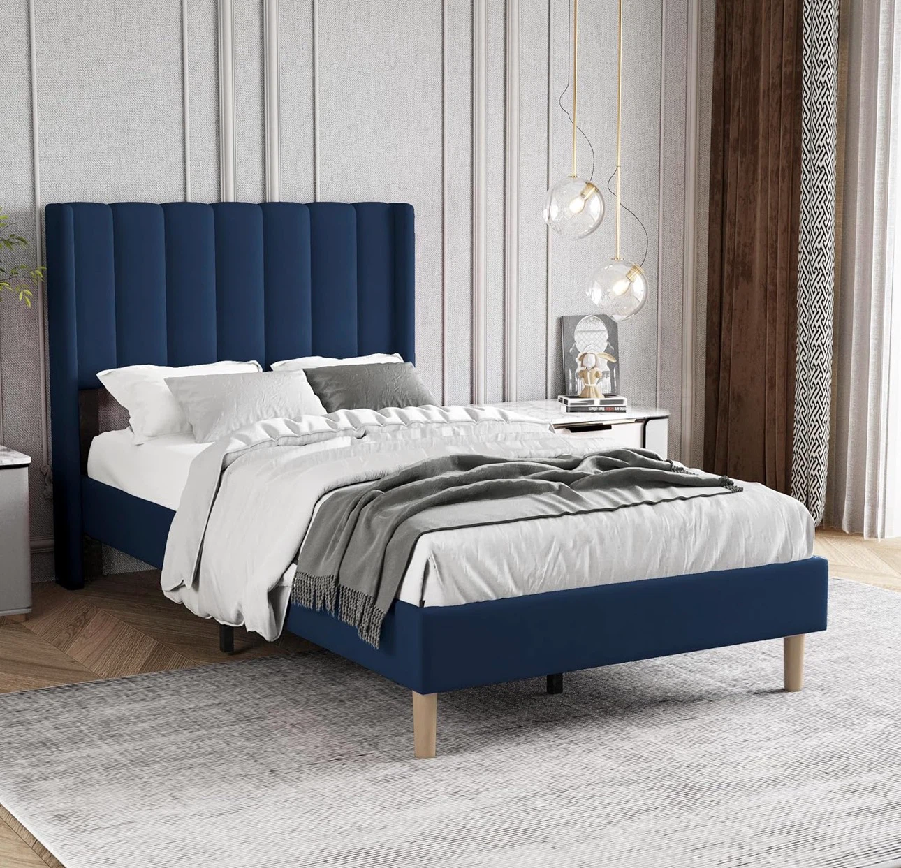 Blue Upholstered Platform Bed