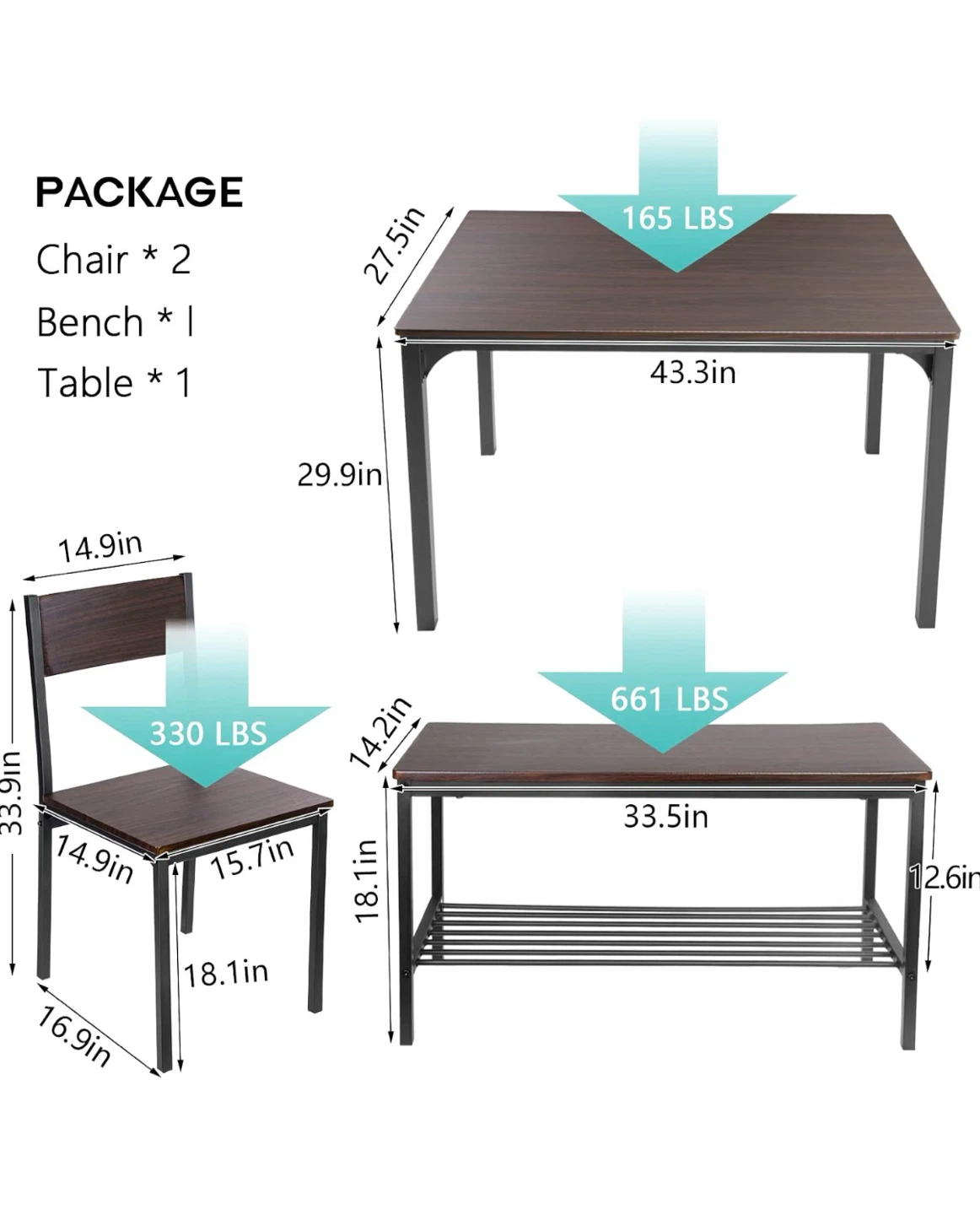 Dining Table Set with Chairs and Bench - photo 3