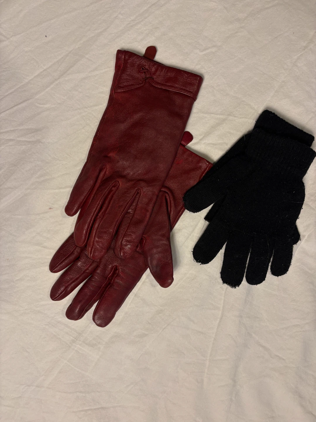 Red Leather Gloves and Black Knit Gloves