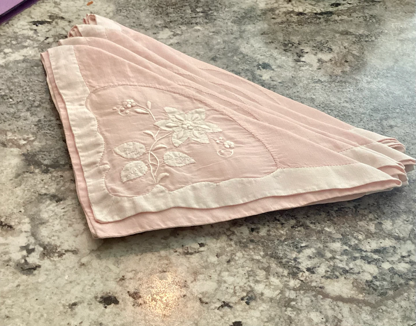 5 Vintage Embroidered Pink Irish Madeira Linen Napkins