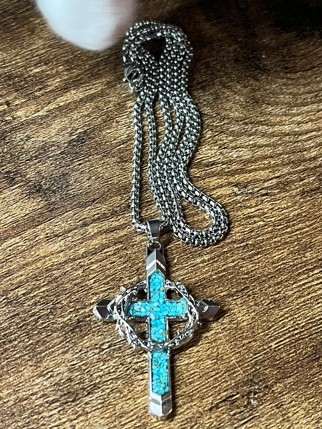 Silver-Tone Turquoise Inlay Cross Necklace