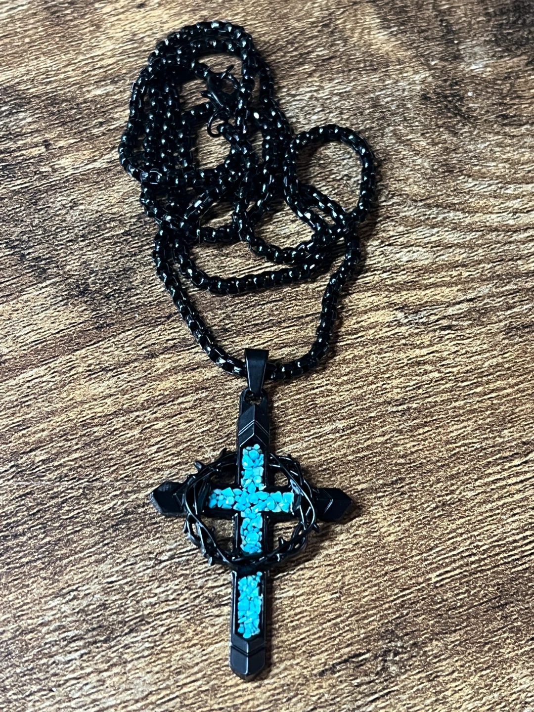 Black Cross Pendant Necklace with Turquoise Inlay