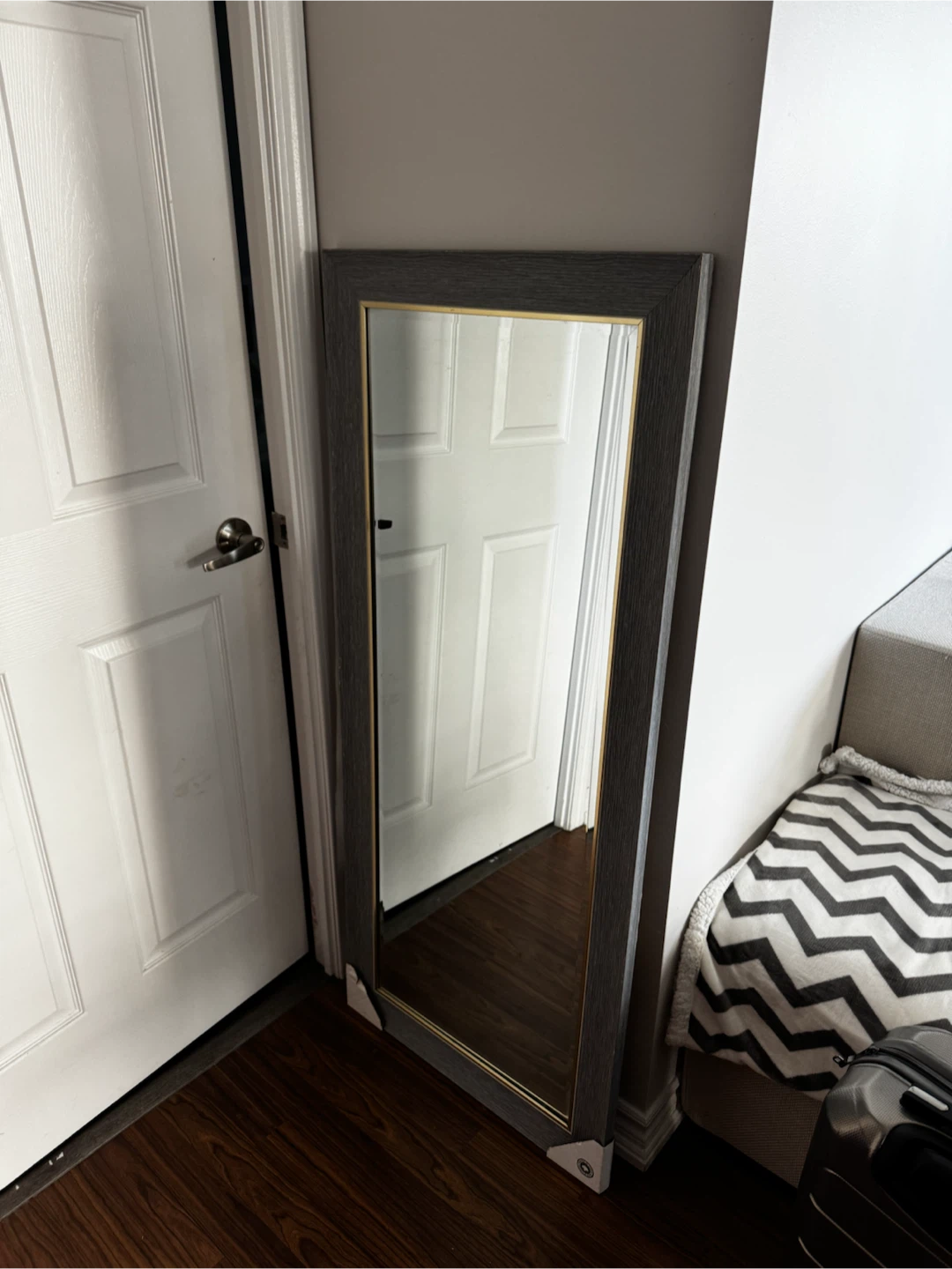 Full length mirror with grey wood grain frame