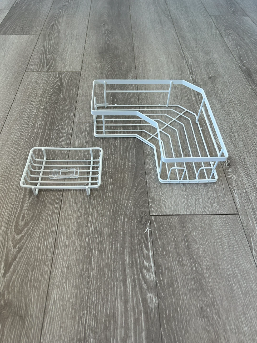 White Metal Corner Shower Caddy and Soap Dish