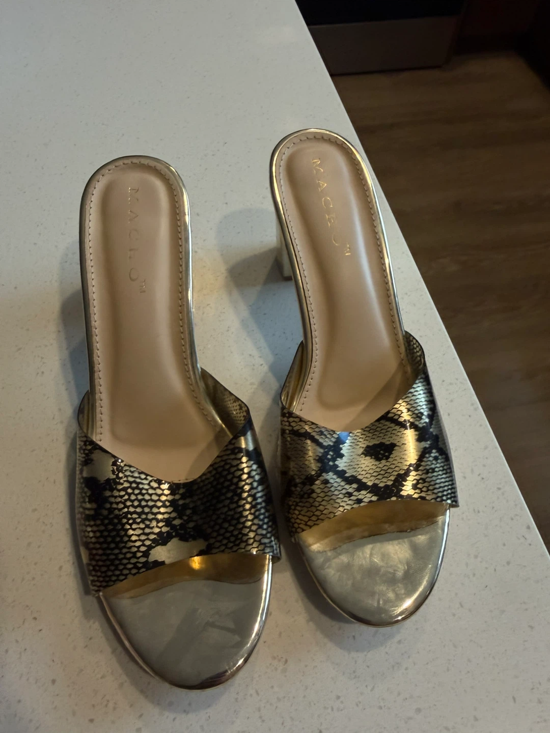 MACLO Snake Print Gold Block Heel Mules