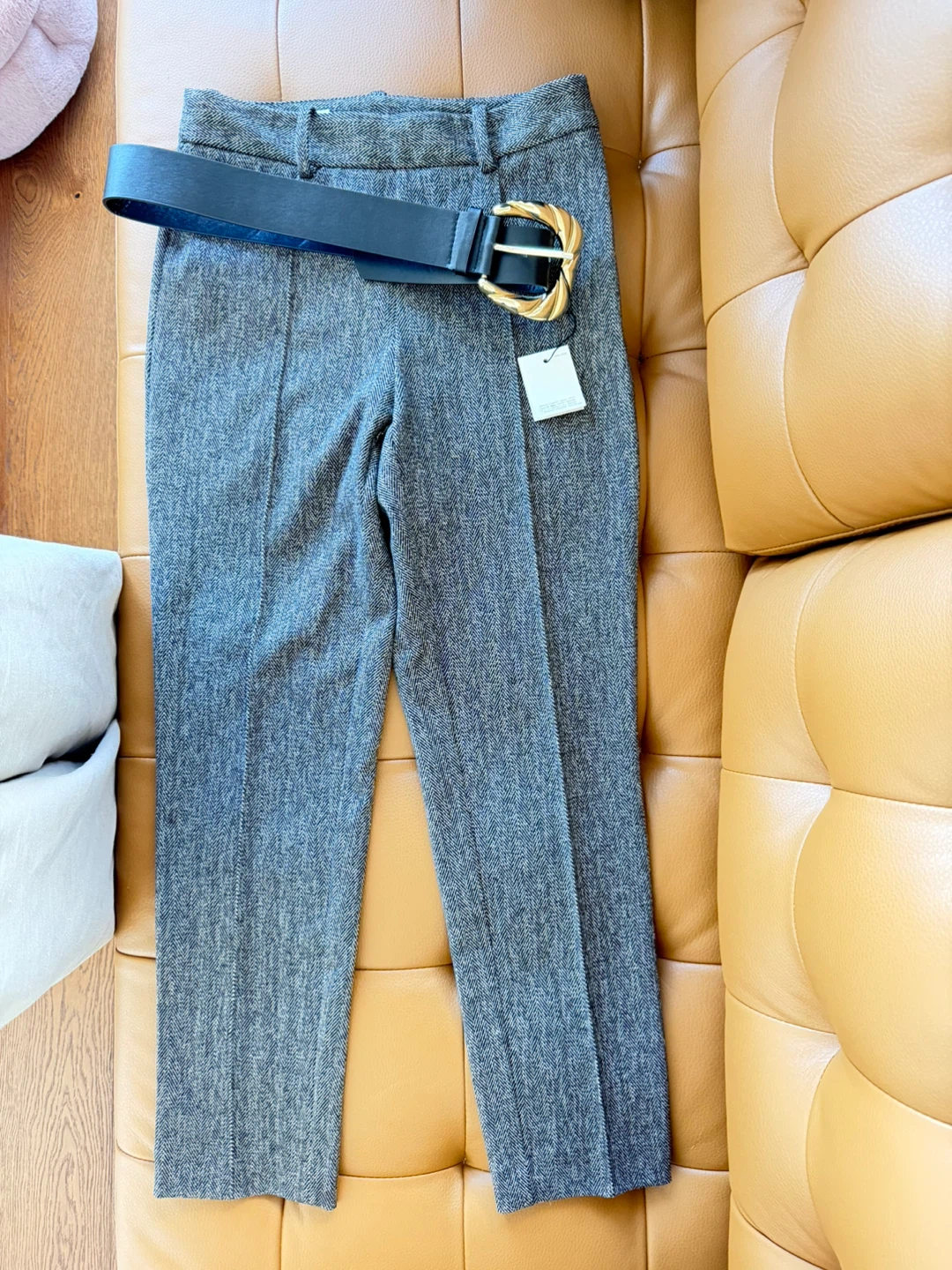 Zara Grey Herringbone Trousers with Belt
