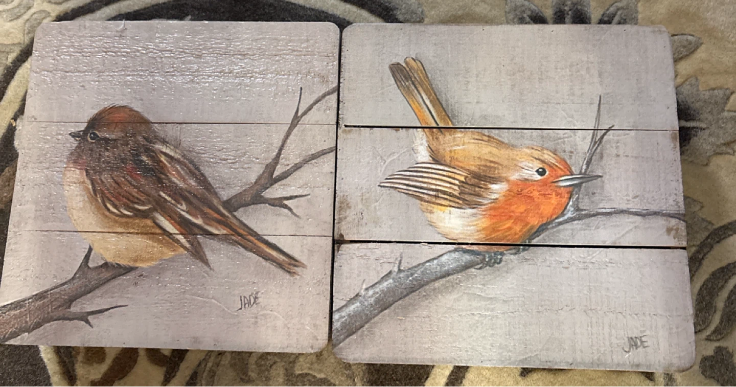Set of Two Hand-Painted Bird Wooden Art Plaques