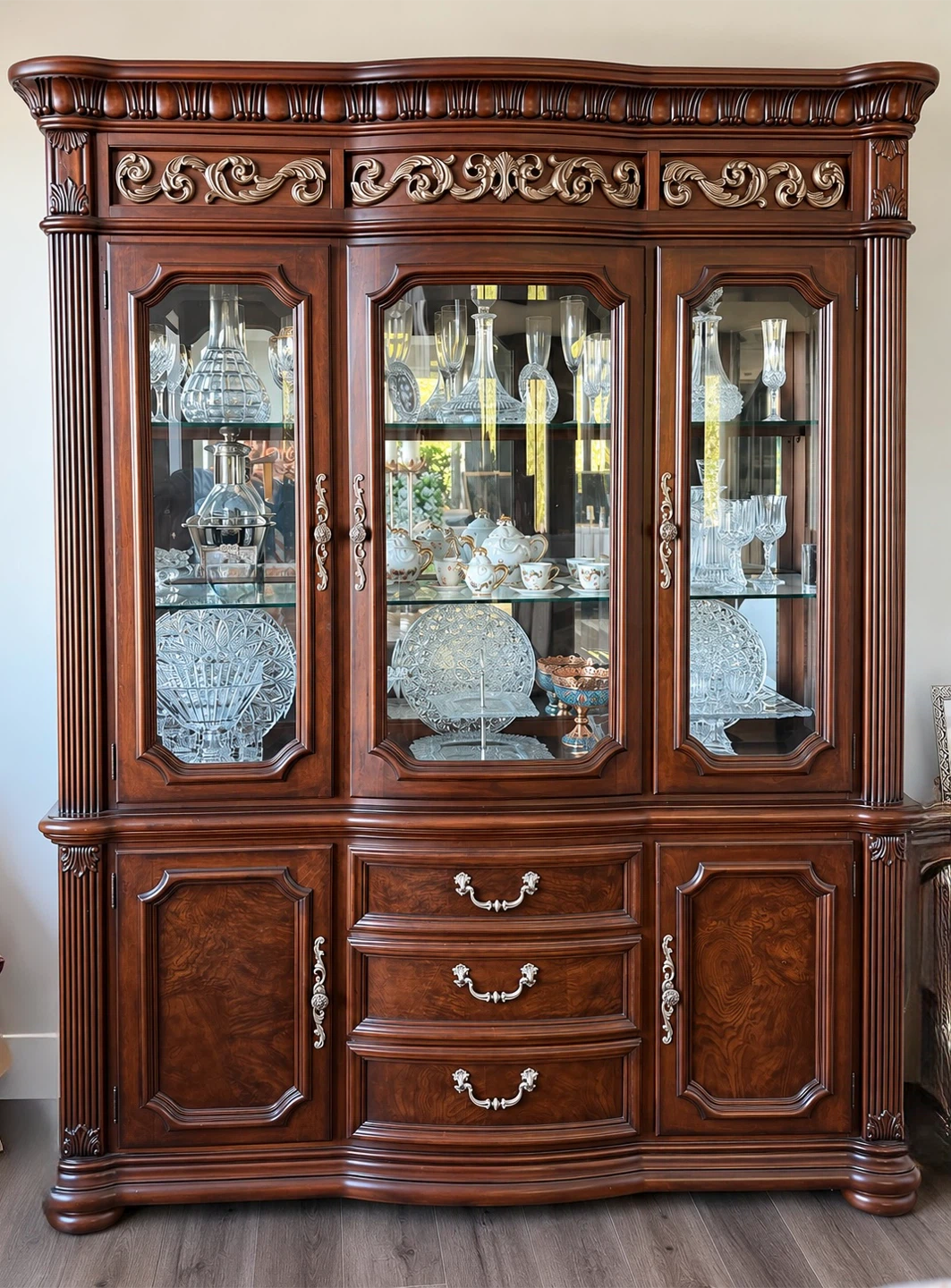 Large Wooden Display Cabinet with Glass Doors