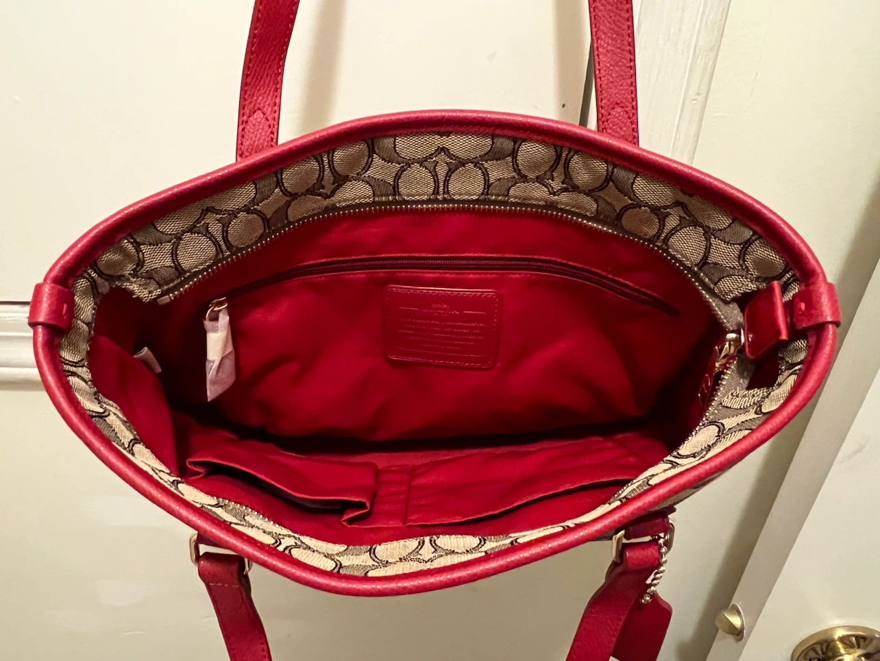 Coach OTLN Sig Zip Top Tote Bag Khaki/True Red - photo 4