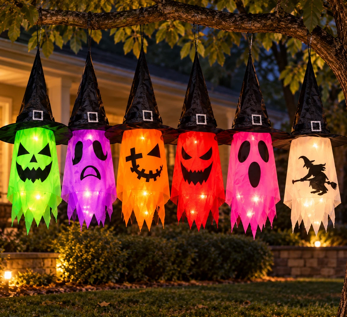New Set of 6 Lighted Halloween Hanging Witch Hats