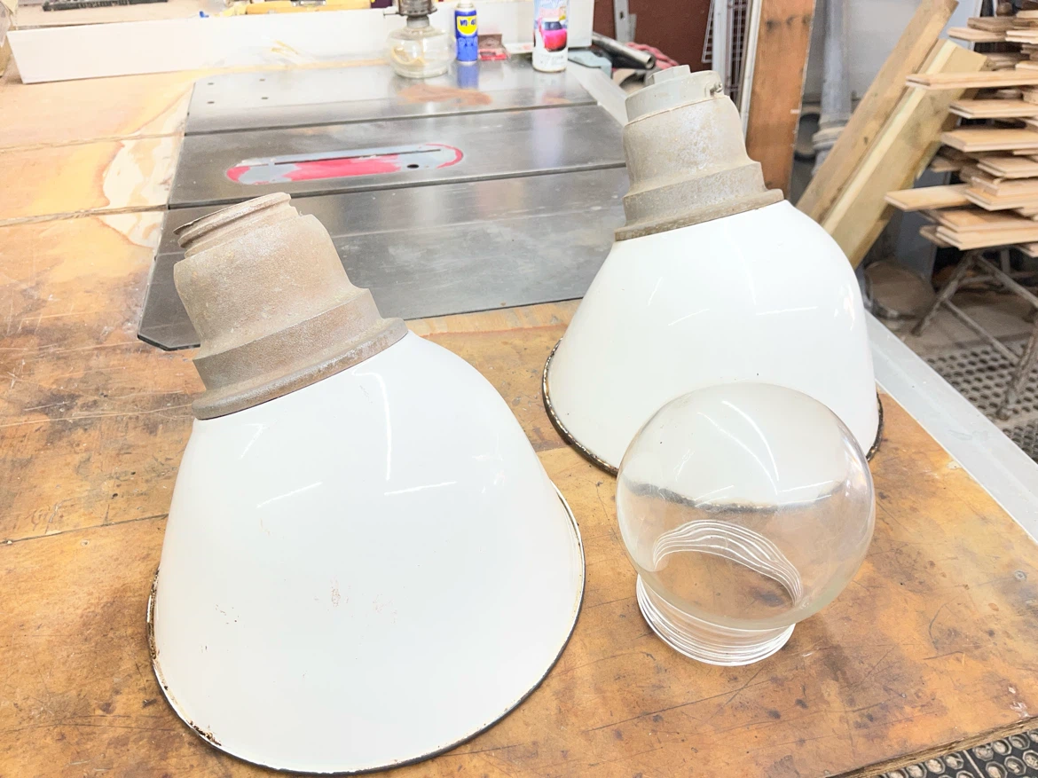 2 Vintage Industrial Enamel Light Shades with Glass Globes