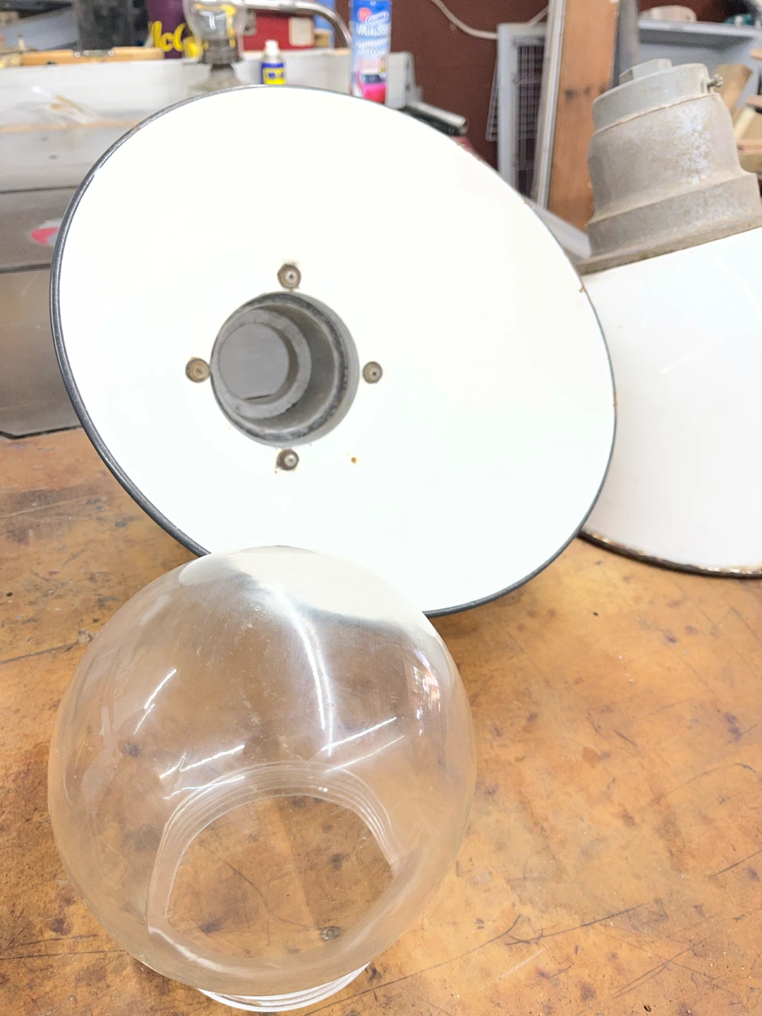 2 Vintage Industrial Enamel Light Shades with Glass Globes - photo 4