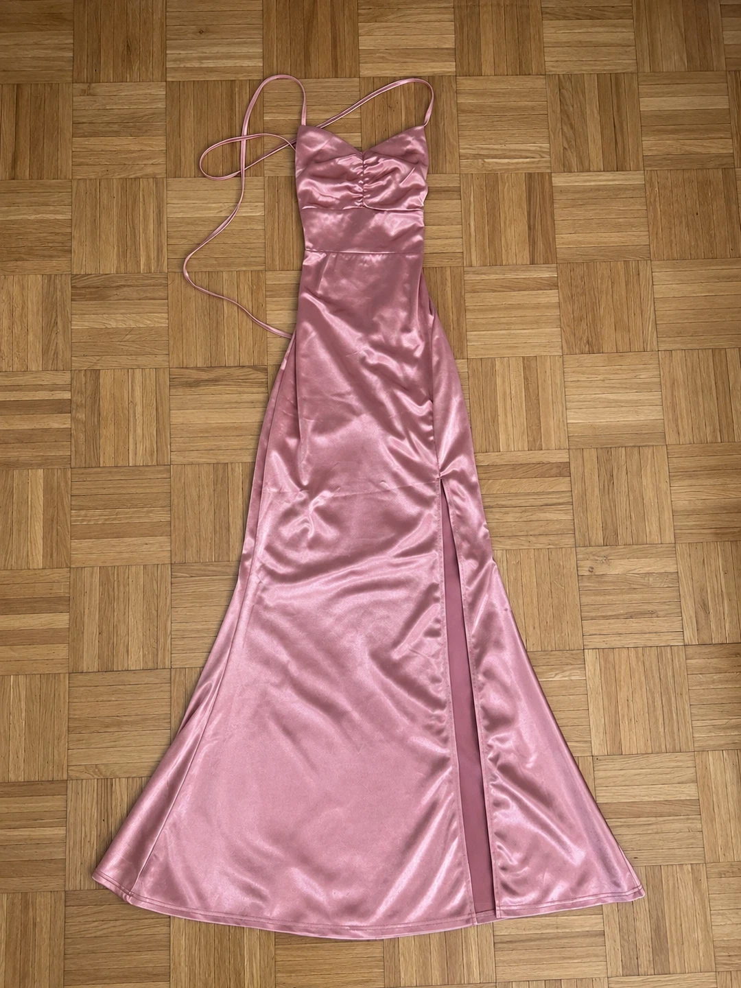 Pink Satin Lace-Up Maxi Dress