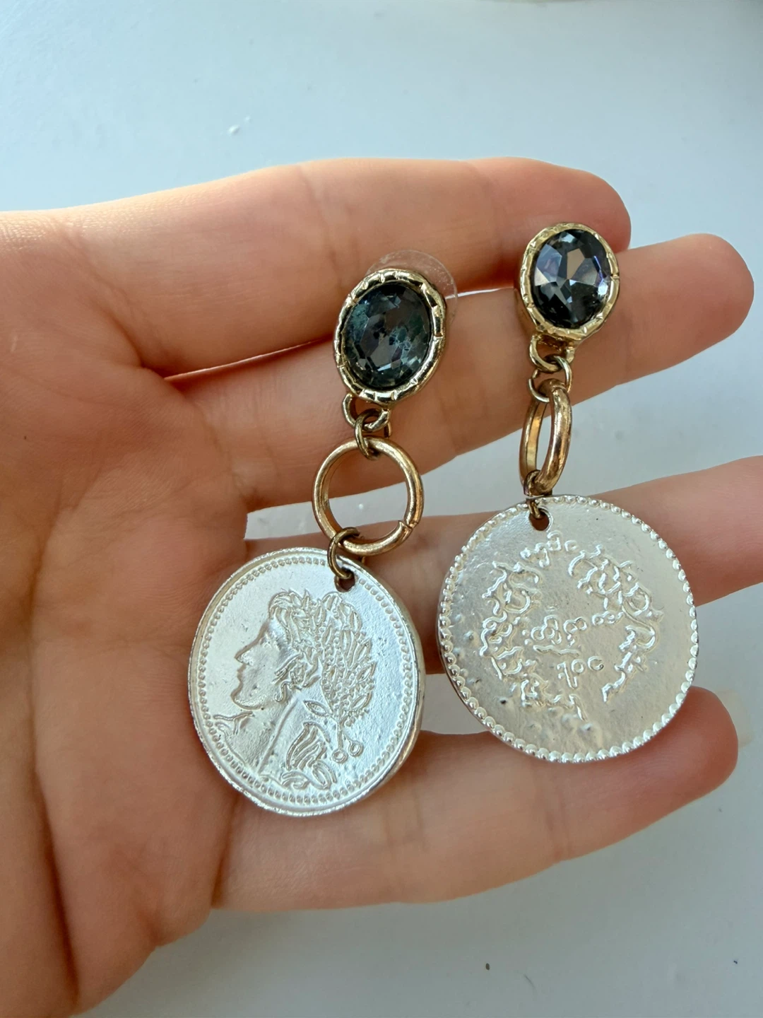 Gold-tone coin drop earrings with crystal studs