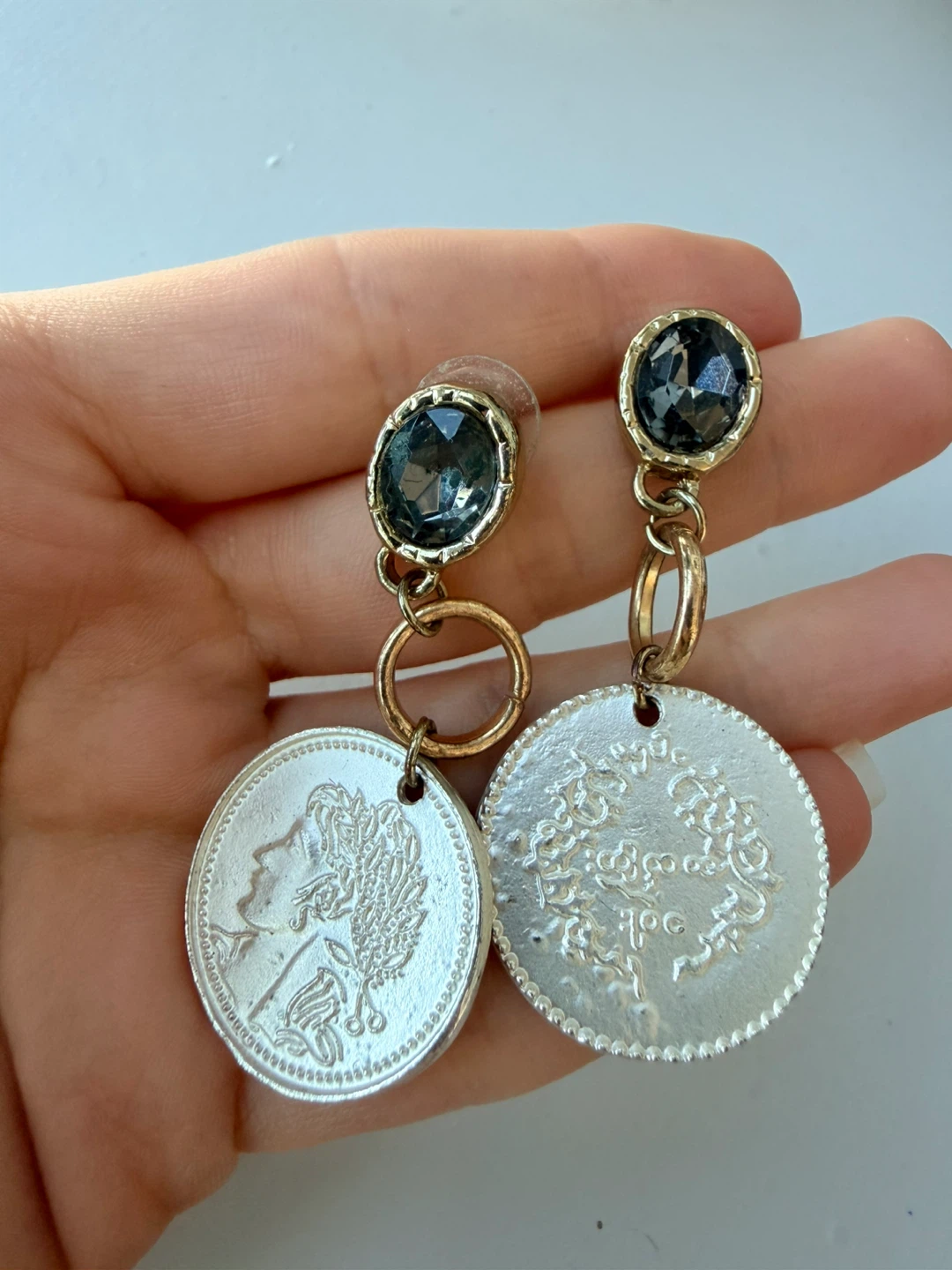 Gold-tone coin drop earrings with crystal studs - photo 2