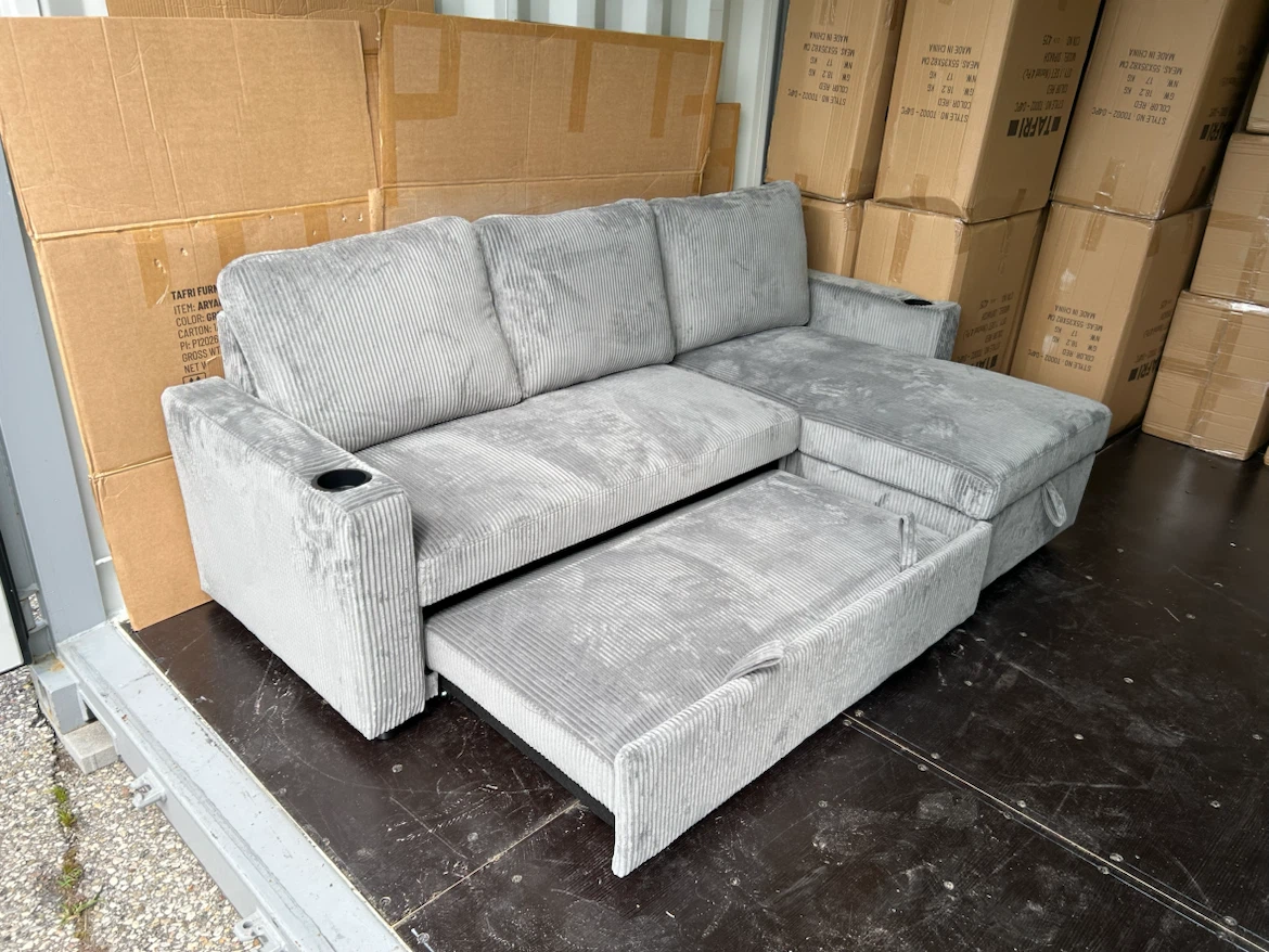 Grey Corduroy Sectional Sofa Bed with Cup Holders