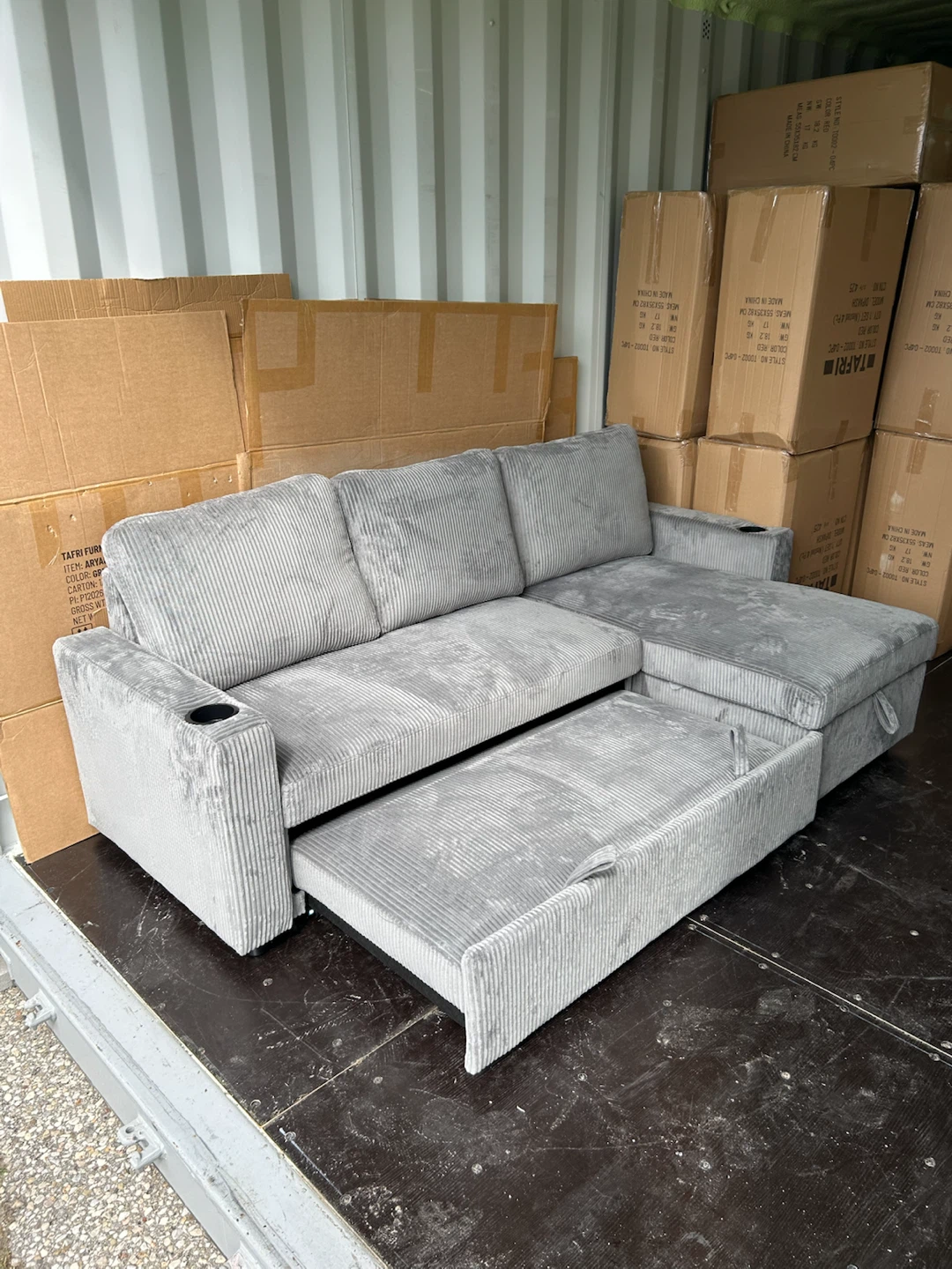 Grey Corduroy Sectional Sofa Bed with Cup Holders - photo 2