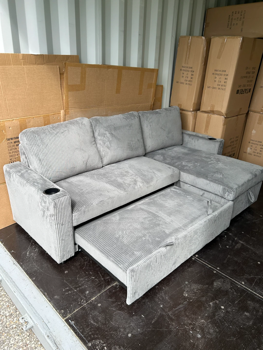 Grey Corduroy Sectional Sofa Bed with Cup Holders - photo 3