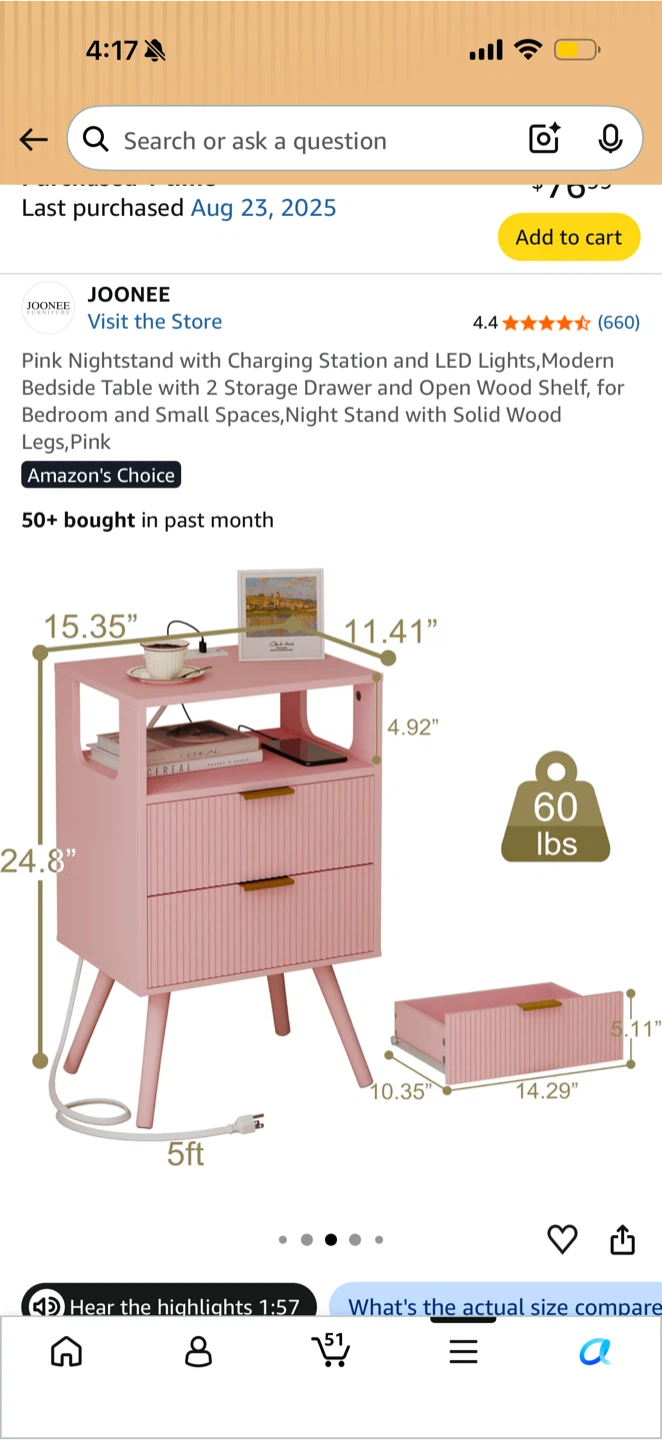 JOONEE Pink Nightstand with Charging Station and LED Lights - photo 5