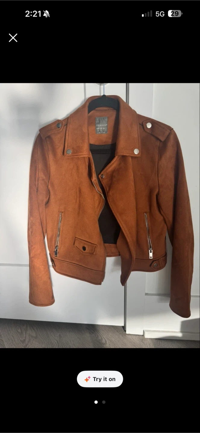 Primark Faux Suede Biker Jacket Brown-size 8