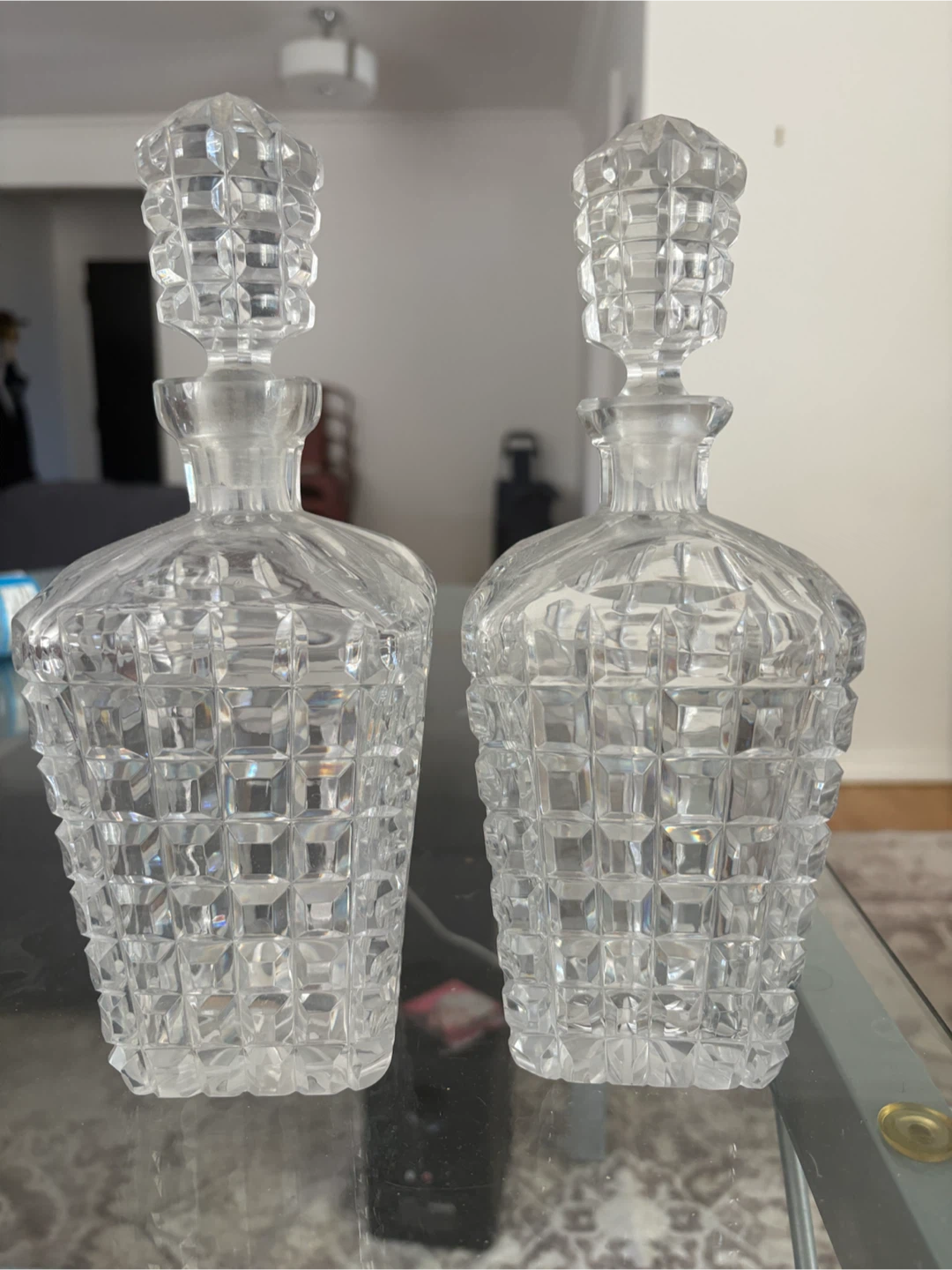 Pair of Heavy Glass Decanters with Matching Stoppers