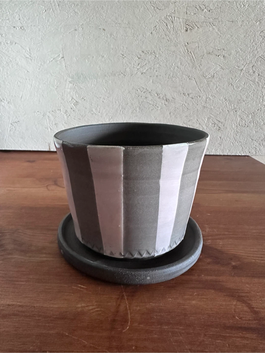 Striped ceramic planter with saucer