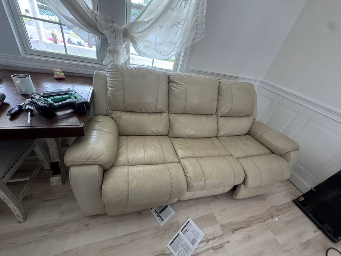 Beige Leather Reclining Sofa
