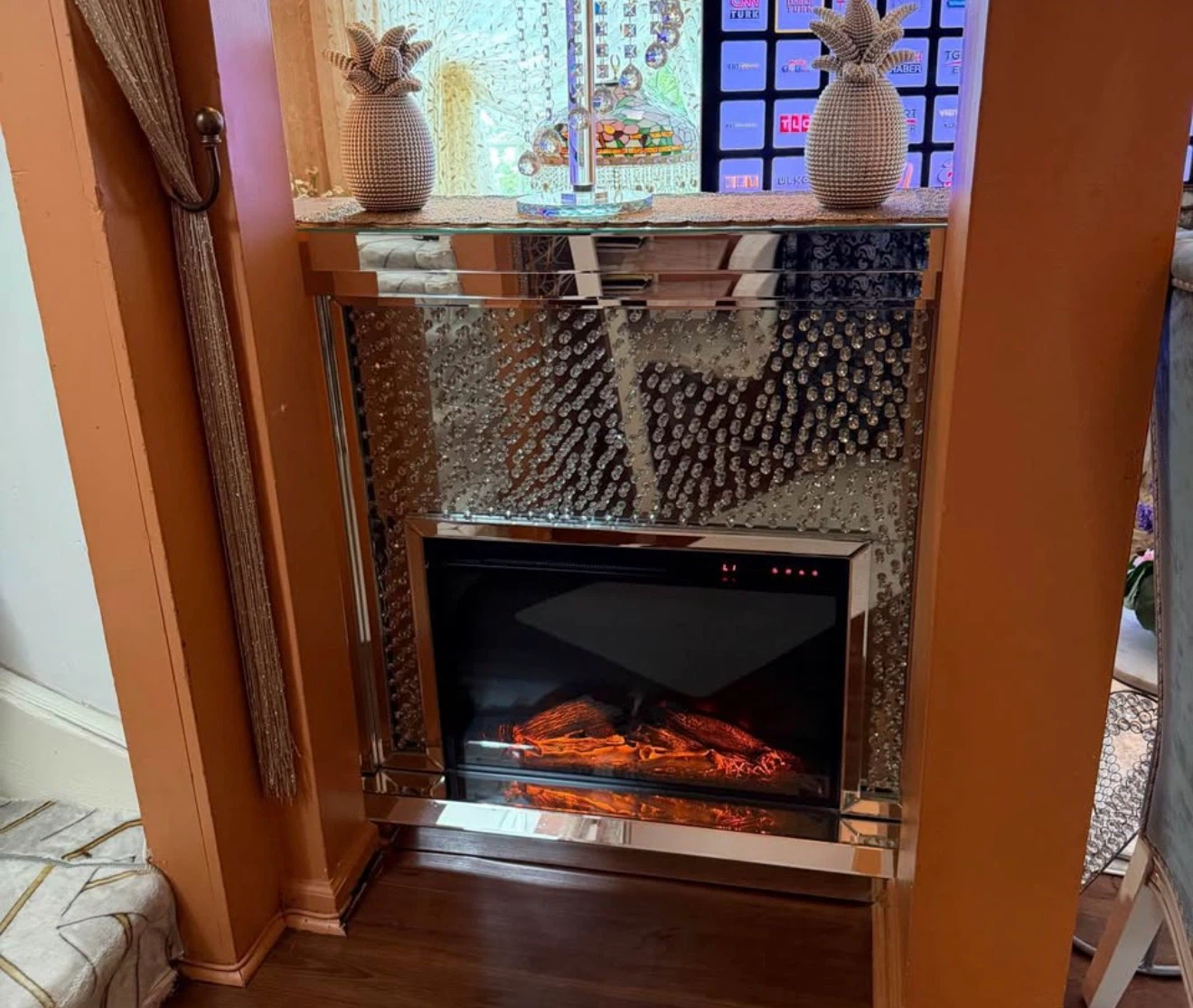 Mirrored Electric Fireplace with Crystal Accents