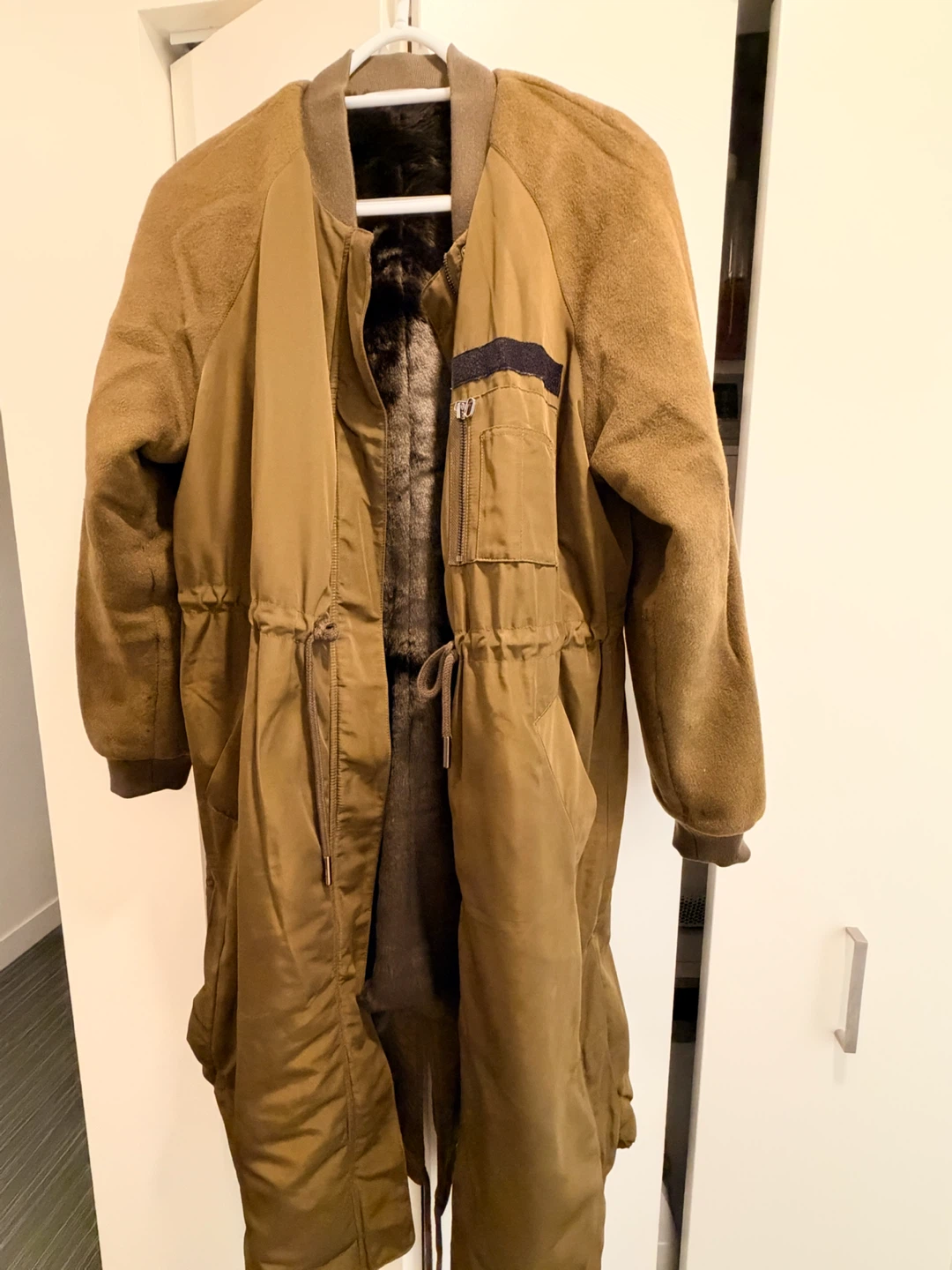 Olive Long Bomber Utility Coat with Wool-Blend Sleeves