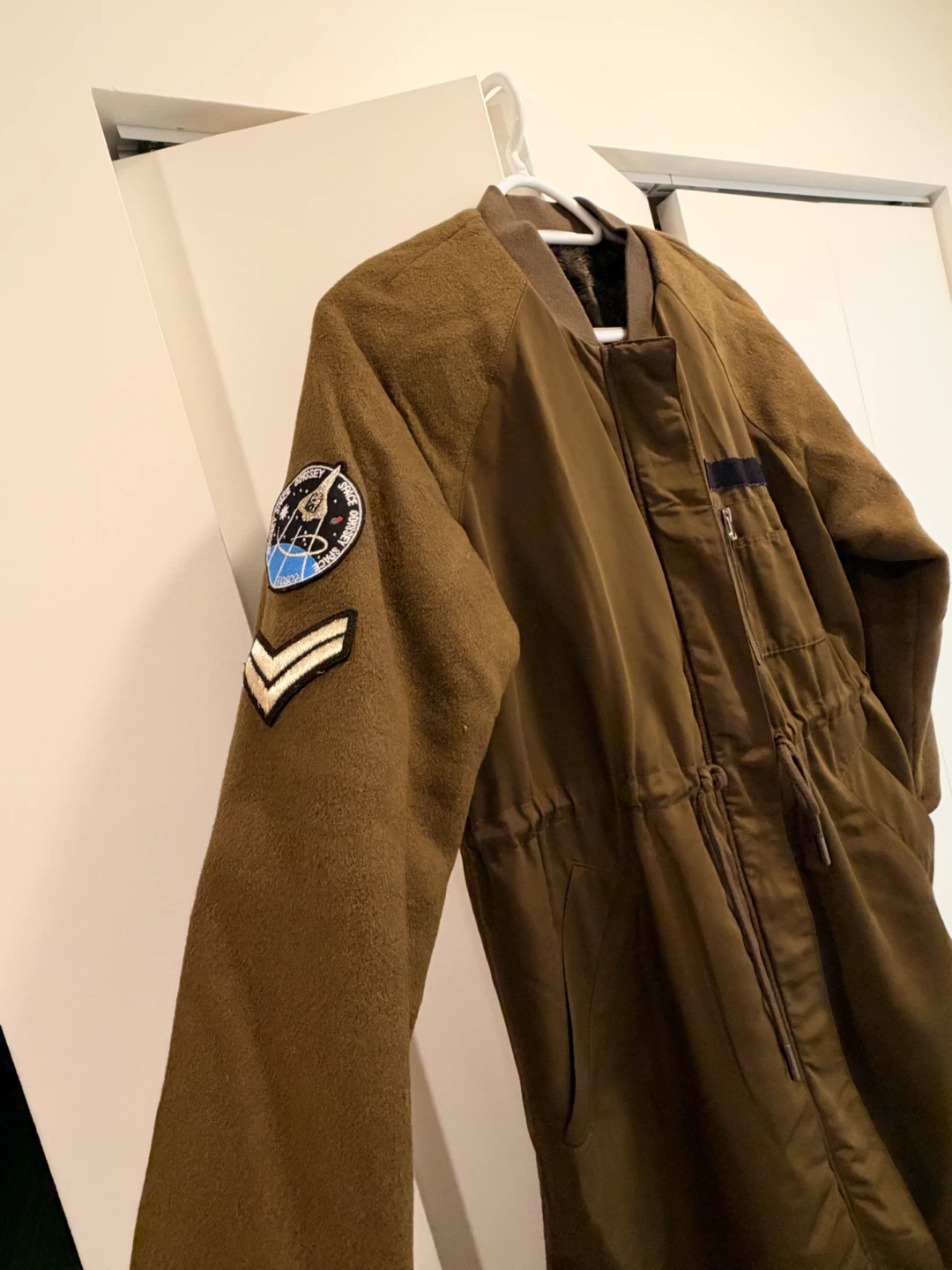 Olive Long Bomber Utility Coat with Wool-Blend Sleeves - photo 3