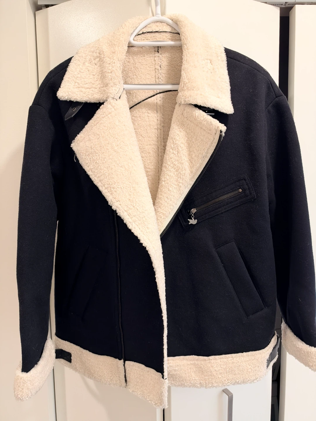 Black Wool Blend Sherpa Biker Jacket - Graphic Back