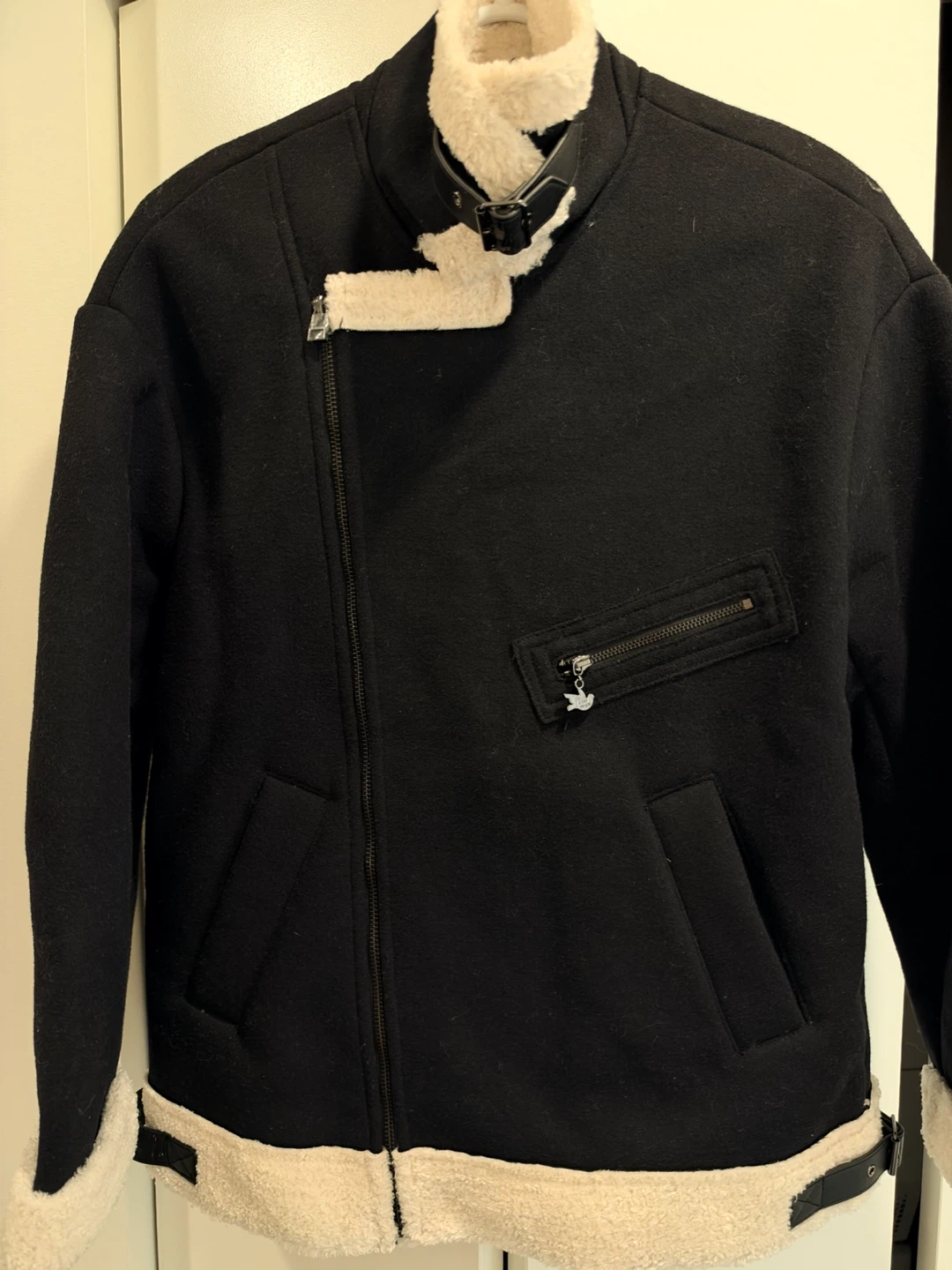 Black Wool Blend Sherpa Biker Jacket - Graphic Back - photo 2