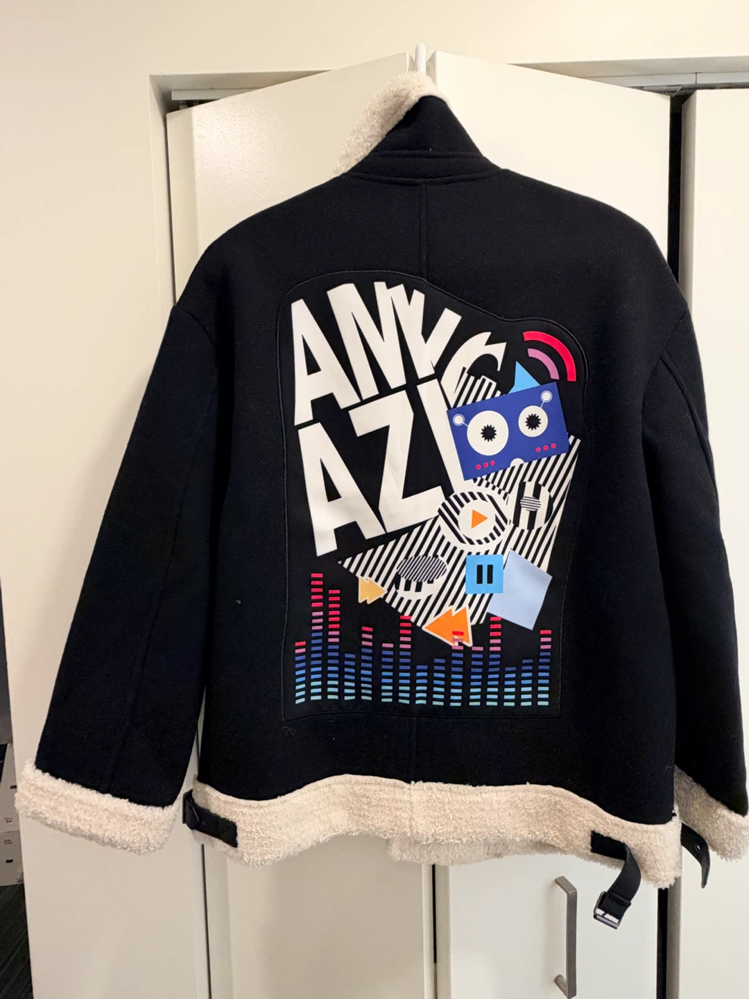 Black Wool Blend Sherpa Biker Jacket - Graphic Back - photo 4
