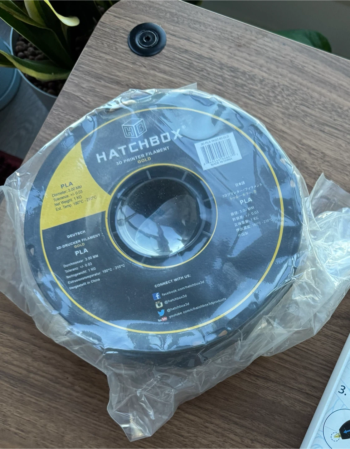 HATCHBOX Gold PLA Filament – 3.00mm / 1KG - Sealed