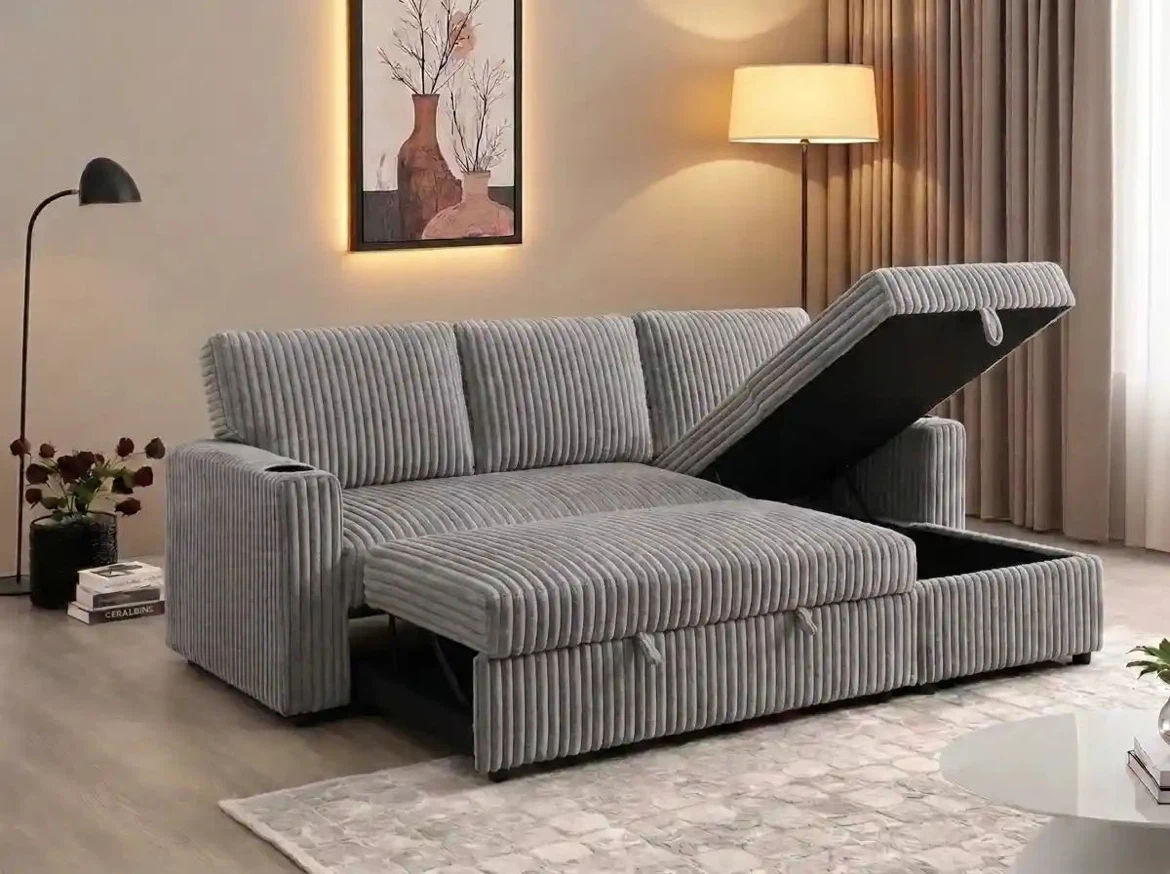 Corduroy Sectional Sofa Bed with Storage