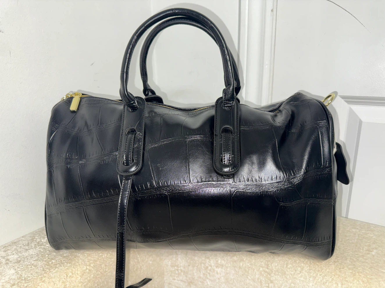 Black Croc-Embossed Duffel Bag