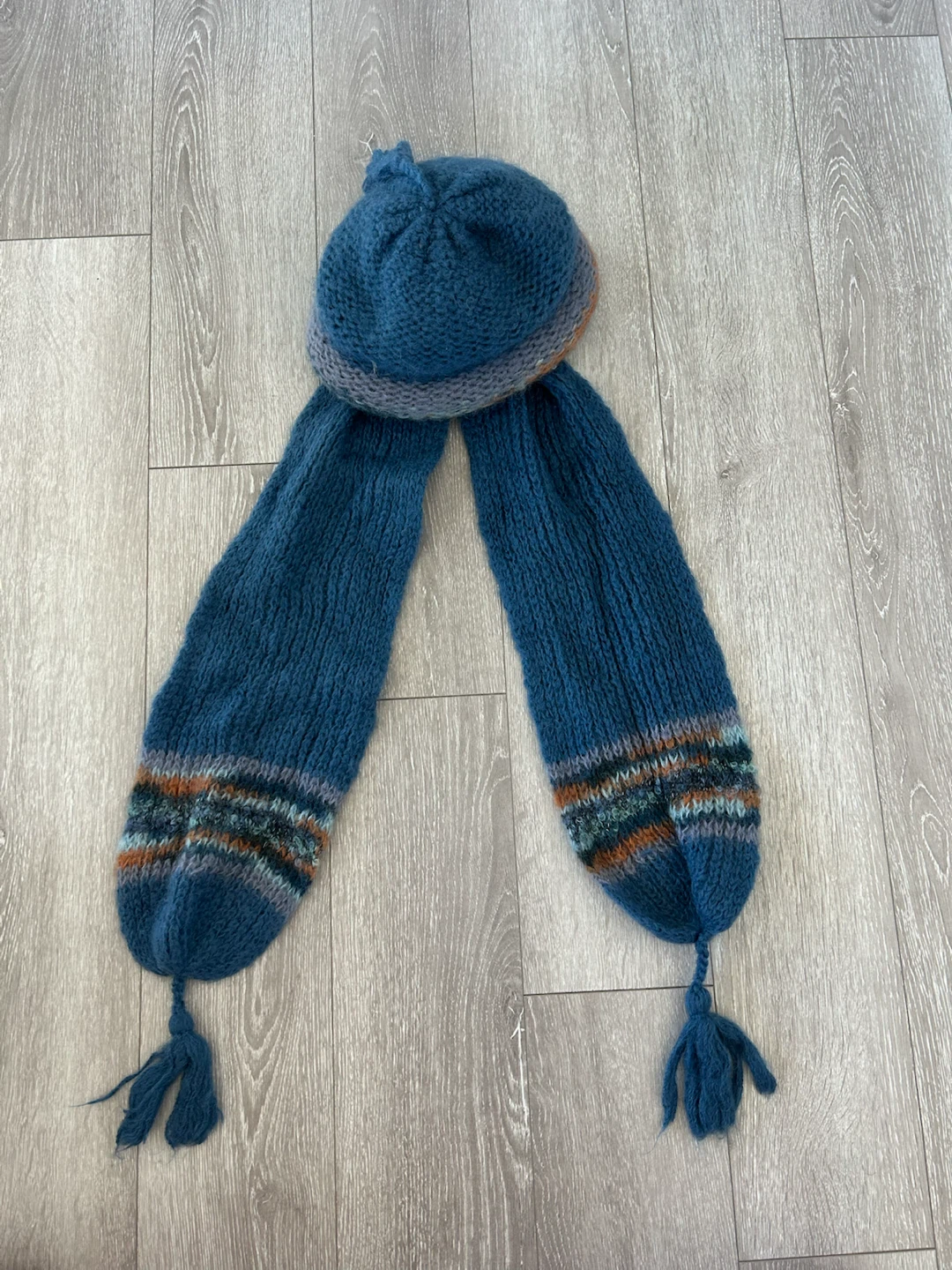 Knitted Blue Beanie with Attached Scarf