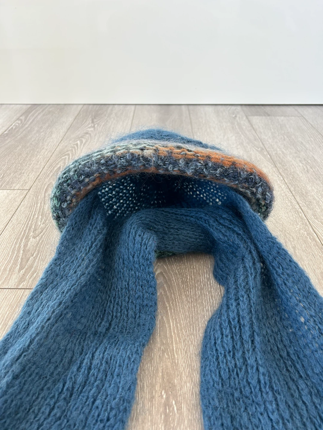 Knitted Blue Beanie with Attached Scarf - photo 3