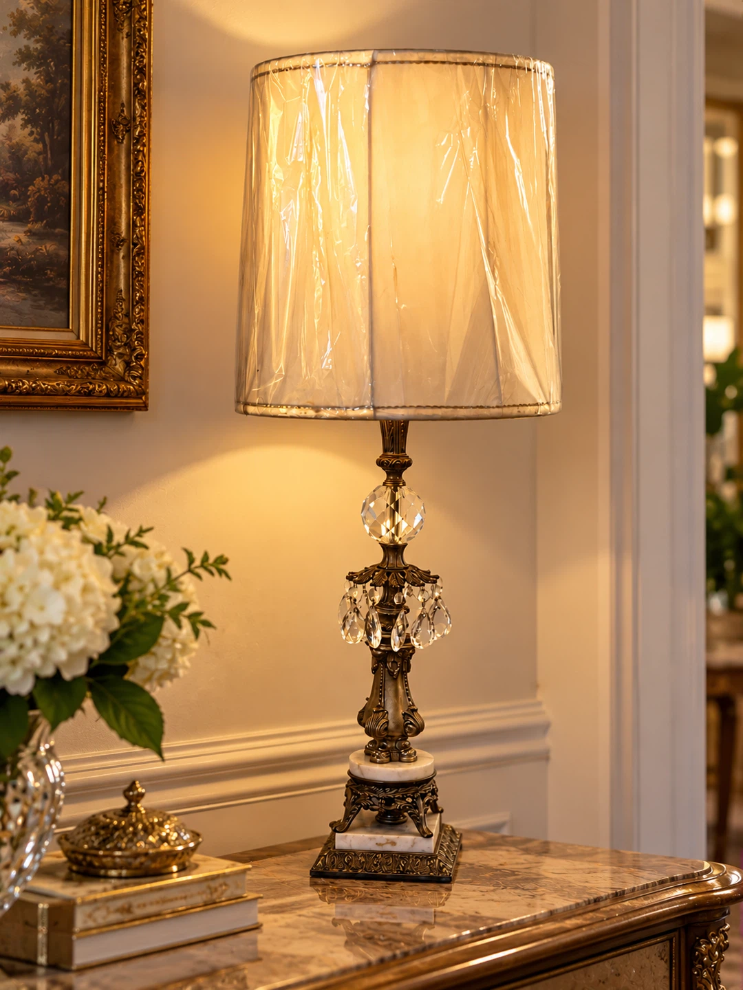 Elegant Crystal and Marble Table Lamp