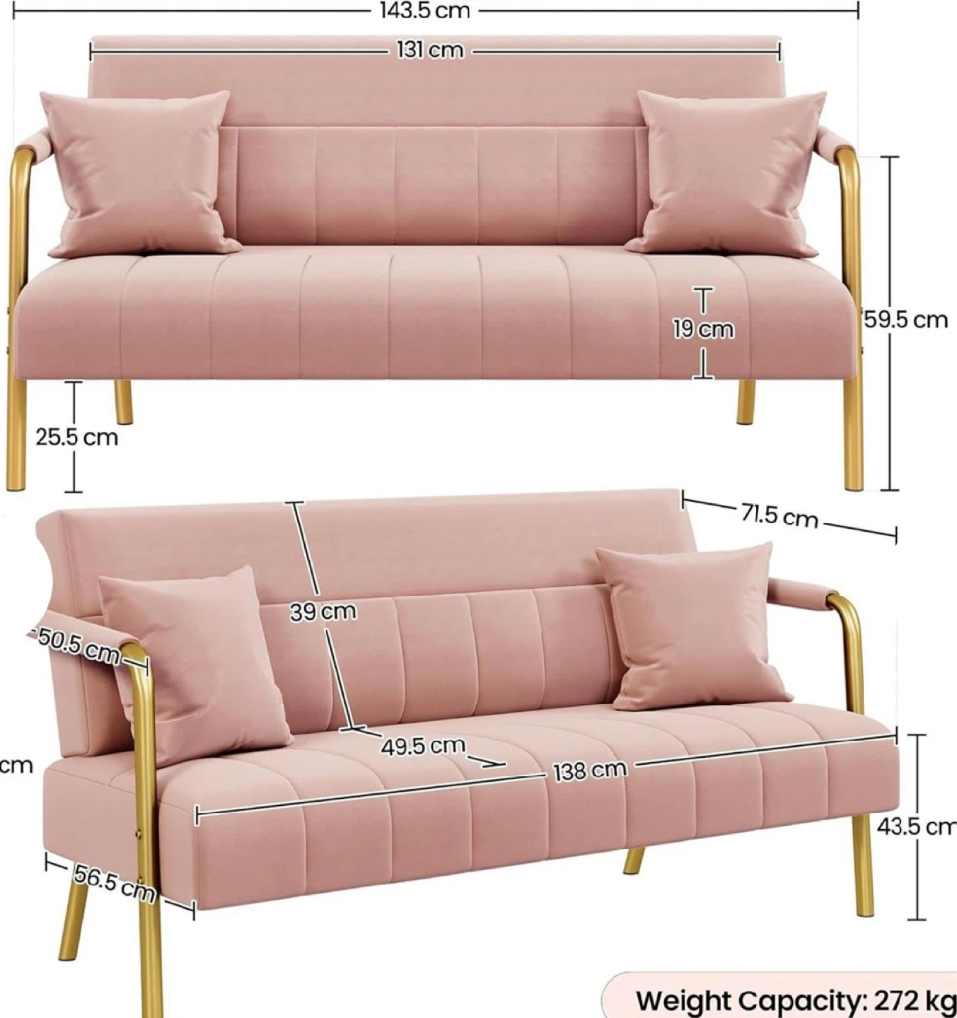 Pink Velvet Loveseat with Gold-Tone Legs - photo 2