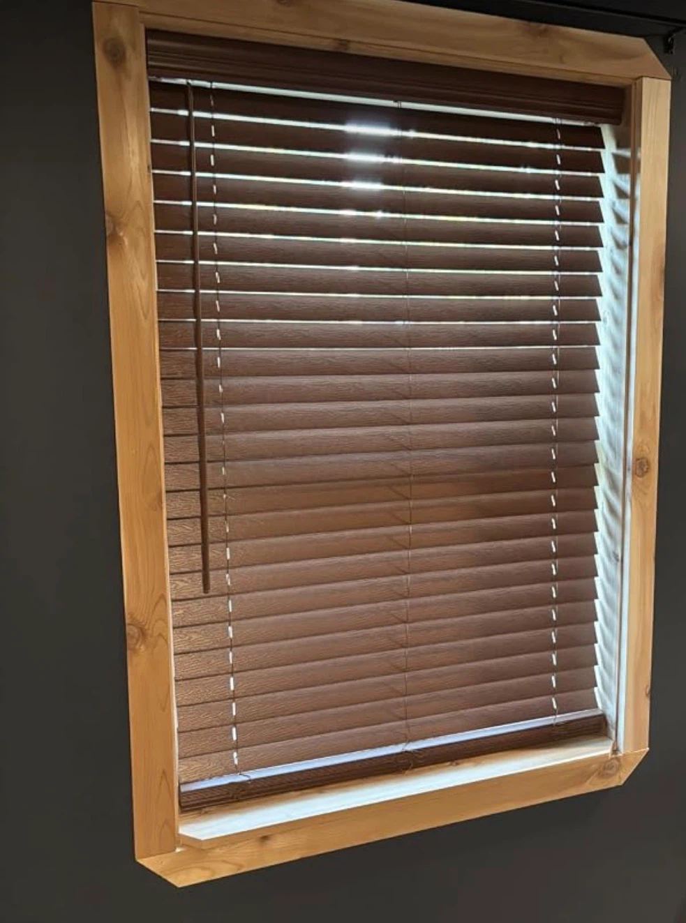 2 Brown Cordless Faux Wood Blinds