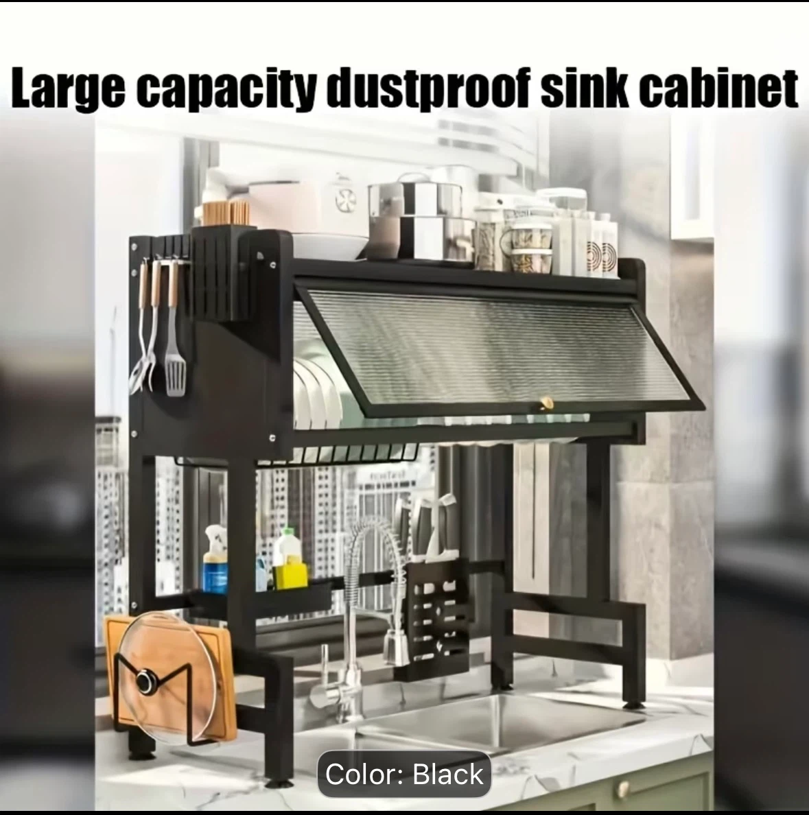 New—Black Over-Sink Dish Drying Rack with Cabinet - photo 2
