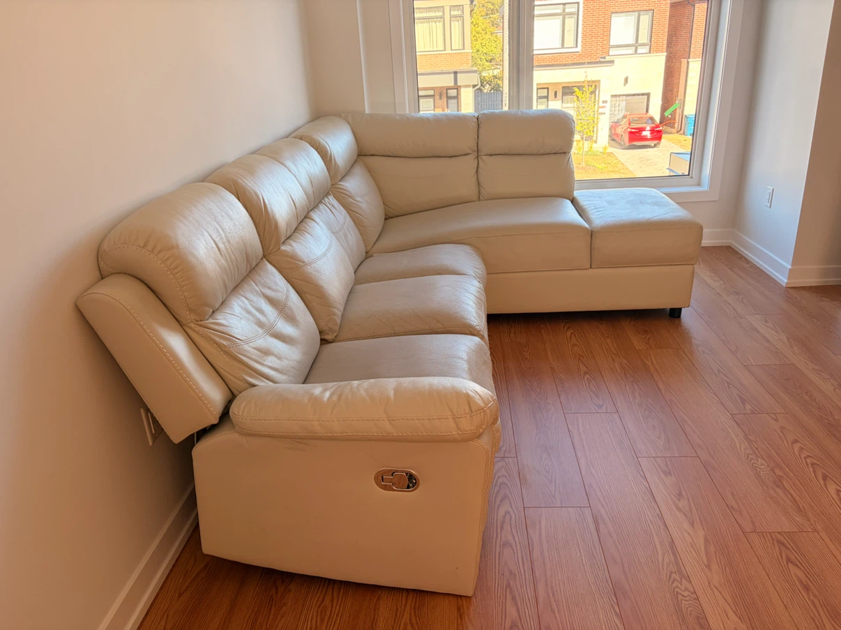 Cream Leather Sectional Sofa with Recliner - photo 2