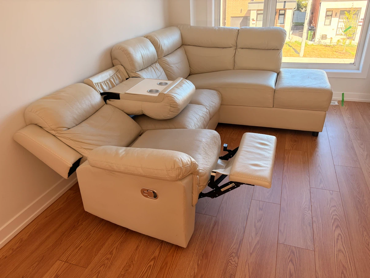 Cream Leather Sectional Sofa with Recliner - photo 3