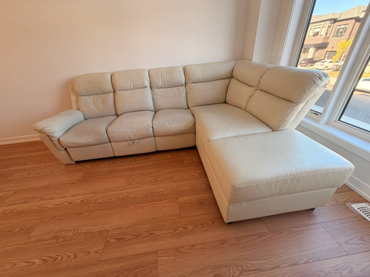 Cream Leather Sectional Sofa with Recliner - photo 4