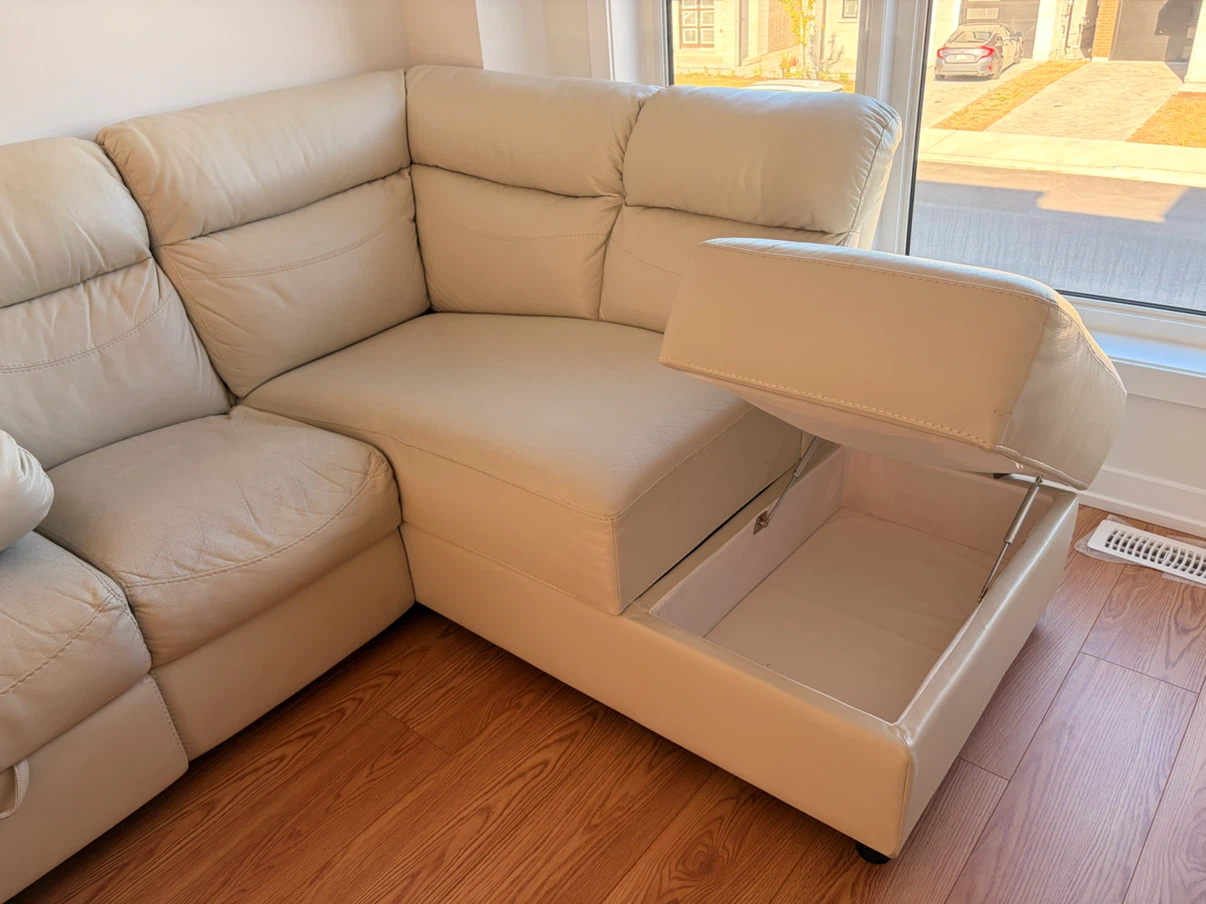 Cream Leather Sectional Sofa with Recliner - photo 5